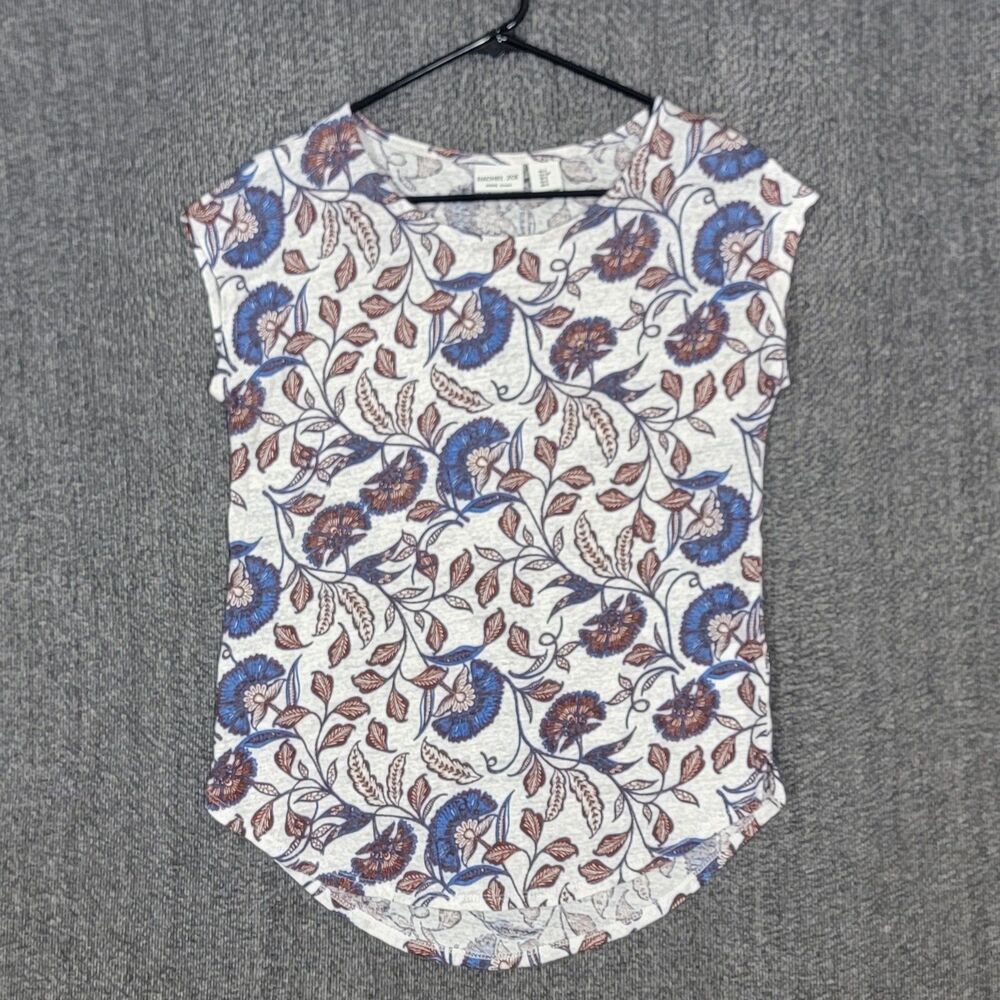 Rachel Zoe T-Shirt Womens Small White Blue Floral 100% Linen Short Sleeve Top
